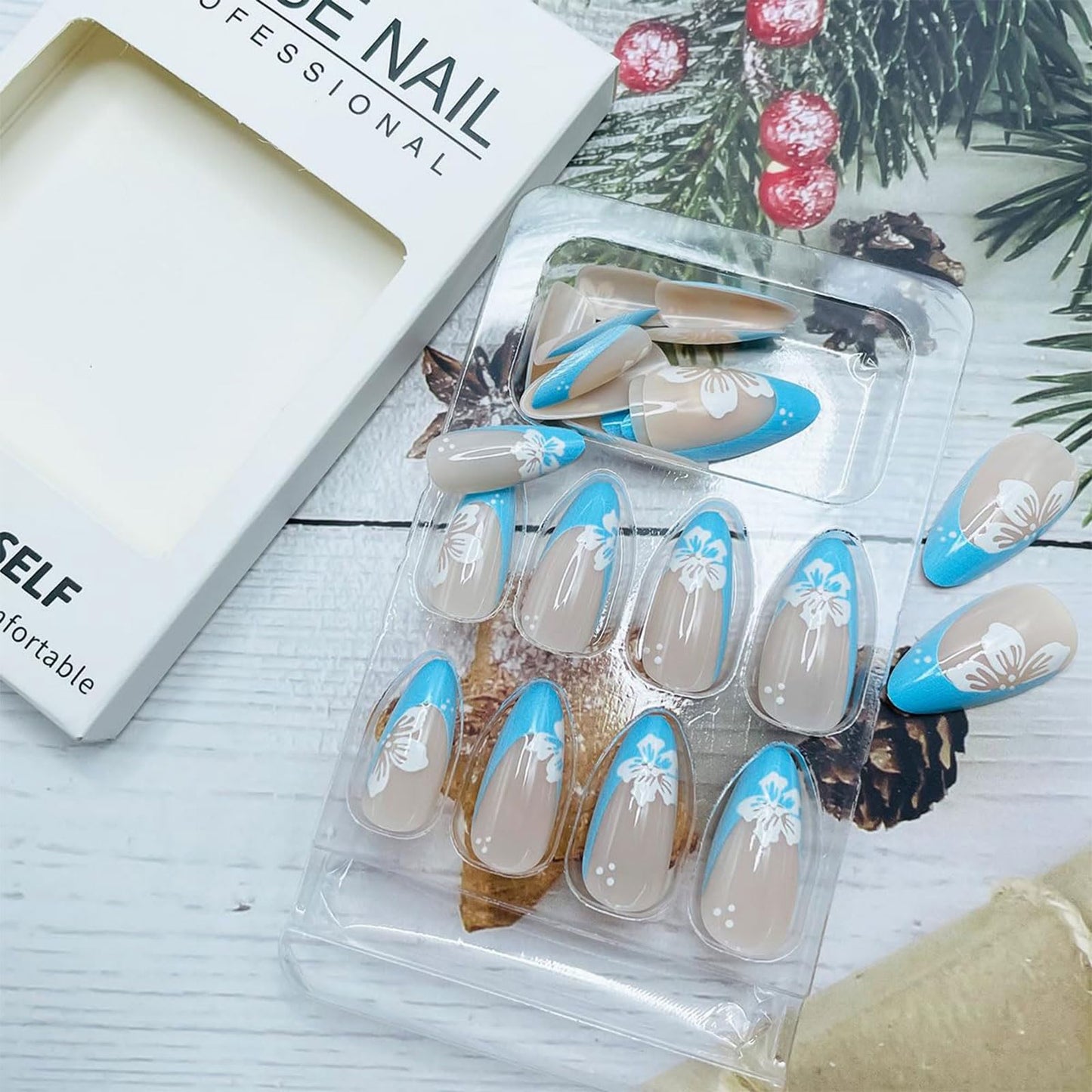 Cosmeria 24 Pieces Press on Nails, Blue French Tips, Medium Length Almond Shape Fake Nails with White Floral Design, Glossy Stick on Nails