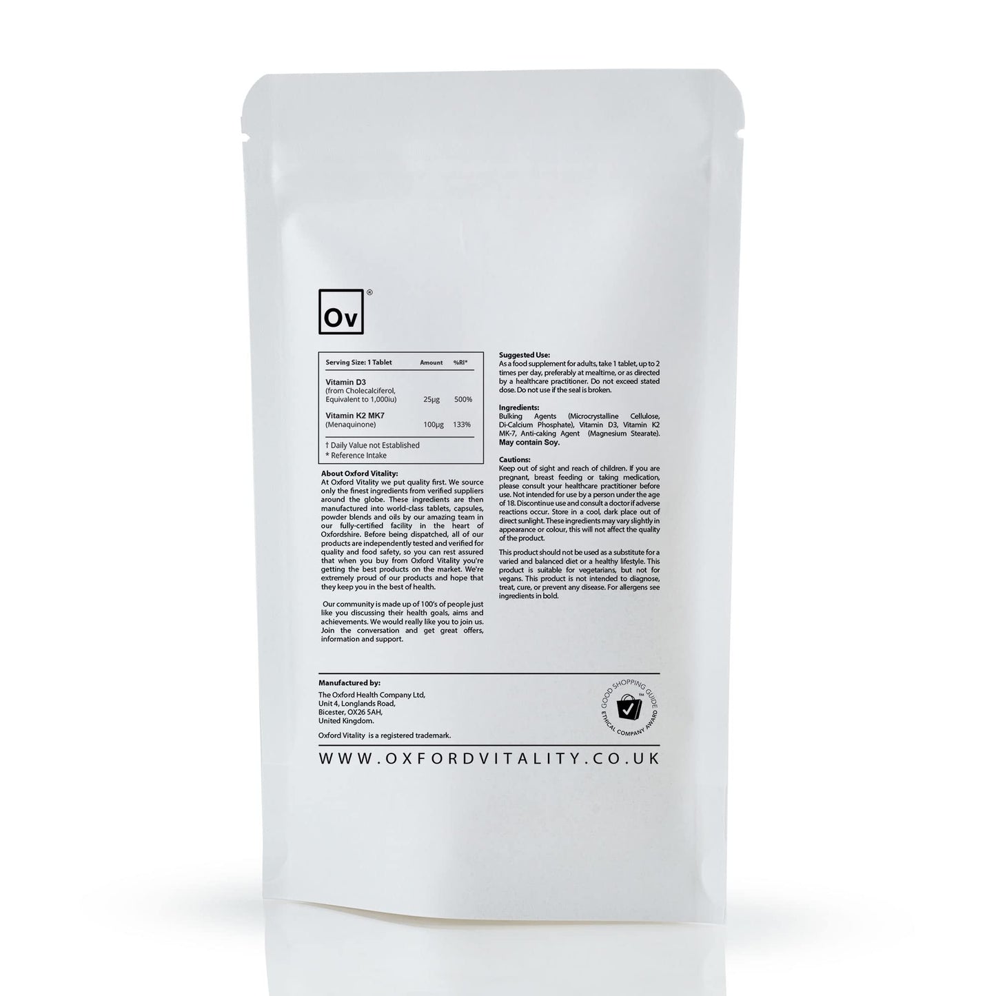 Vitamin D3 and K2 | Bone Support Supplement | Vitamin D 1000iu & Vitamin K2 MK-7 100mcg | Easy to Swallow Tablets | GMO Free by Oxford Vitality