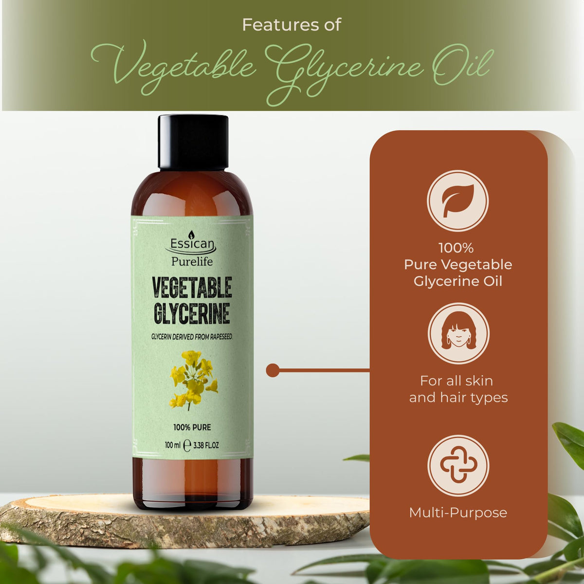 Essican Purelife Pure Glycerine for Skin 100ml - Vegetable Glycerine for Cleaning - Multi-purpose Liquid Glycerin for Skin & Hair Oil for Dry Hair, Natural Hydration Scalp Moisturiser Oils