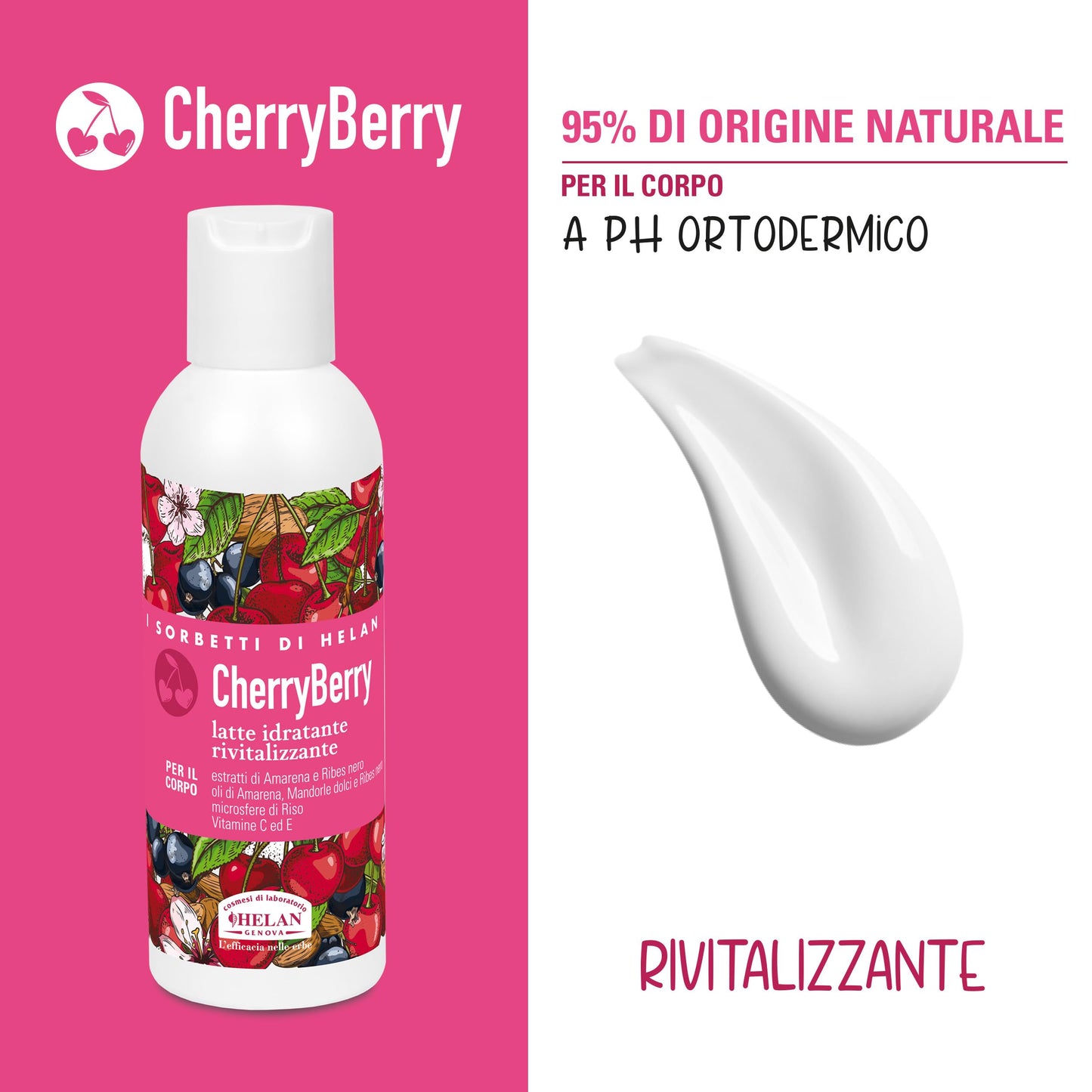 Helan I Sorbetti CherryBerry - Revitalising, Scented Body Cream with Antioxidant Vitamin C & E, Blackcurrant, Black Cherry - Gentle Moisturiser & Body Milk with Sweet Almond Oil - Made in Italy, 150ml