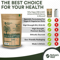 Nature's Well Vegan Multivitamins & Minerals with High Strength B12, D3 & K2, 90 Capsules – Halal & Kosher, Made in UK by Nature’s Well, Designed for Vegans & Vegetarians - Pouch