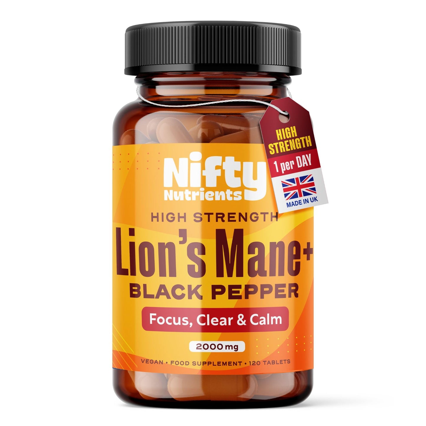 Nifty Nutrients Lions Mane Supplement High Strength 2000mg | 1 a Day 4 Months Supply of 120 Tablets | Lion's Mane Tablets with Black Pepper to Aid Absorption | Made in The UK