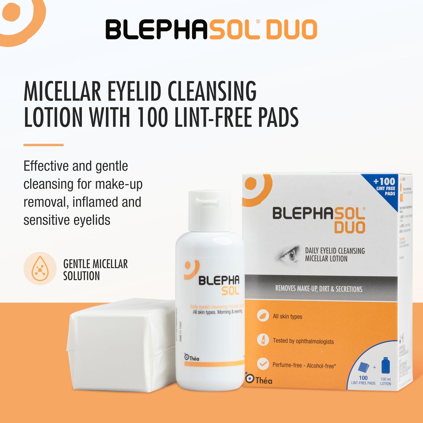THEA PHARMA Blephasol Duo Micellar Eyelid Cleansing Lotion | Gentle, Effective Removal of Dirt & Makeup from sensitive Eyelids and Lashes | Perfume & Alcohol-Free | 3 PACK | 3 x 100 ml Bottle |300 Lint-Free Pads