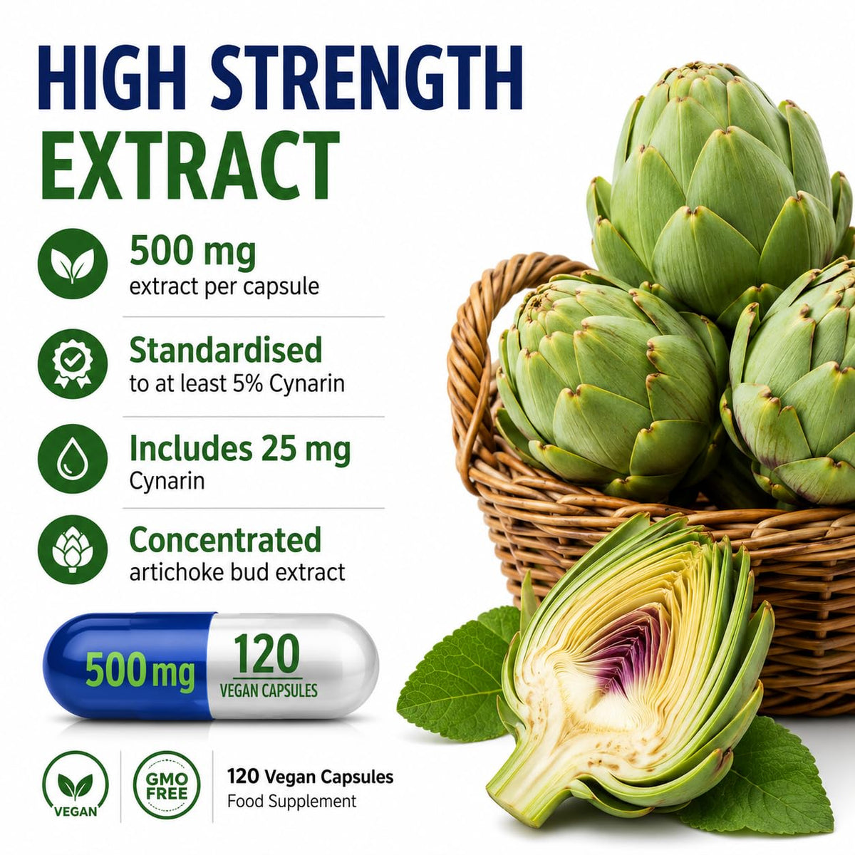 Hepatica Artichoke Extract 5,000mg Equivalent | 500mg 10:1 Cynara Scolymus Extract | Standardised to 5% Cynarin (25mg) | 120 Vegan Capsules | 4-Month Supply | 3rd Party Lab Tested