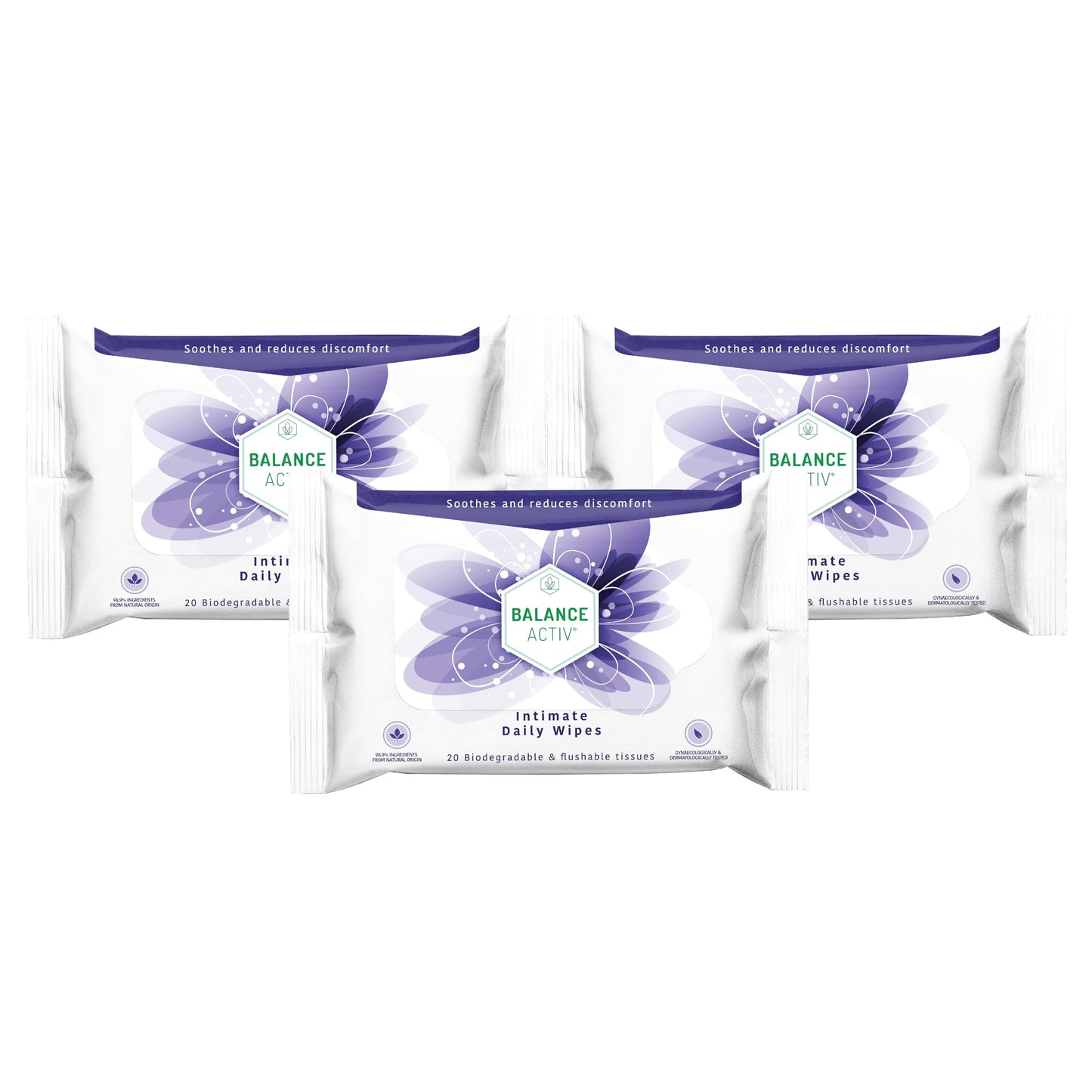 Balance Activ Intimate Wipes, Biodegradable, Flushable & pH Balancing, Natural Extracts of Aloe Vera, Mallow & Calendula to Soothe & Reduce Discomfort, 20 Wipes (Pack of 3)