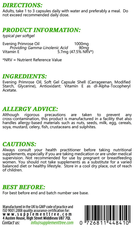 Supplement Tree Evening Primrose Oil EPO 1000mg 90 Capsules | Vegan Cold Pressed Supplement | Provides GLA & Vitamin E | 100% Quality Satisfaction Guarantee