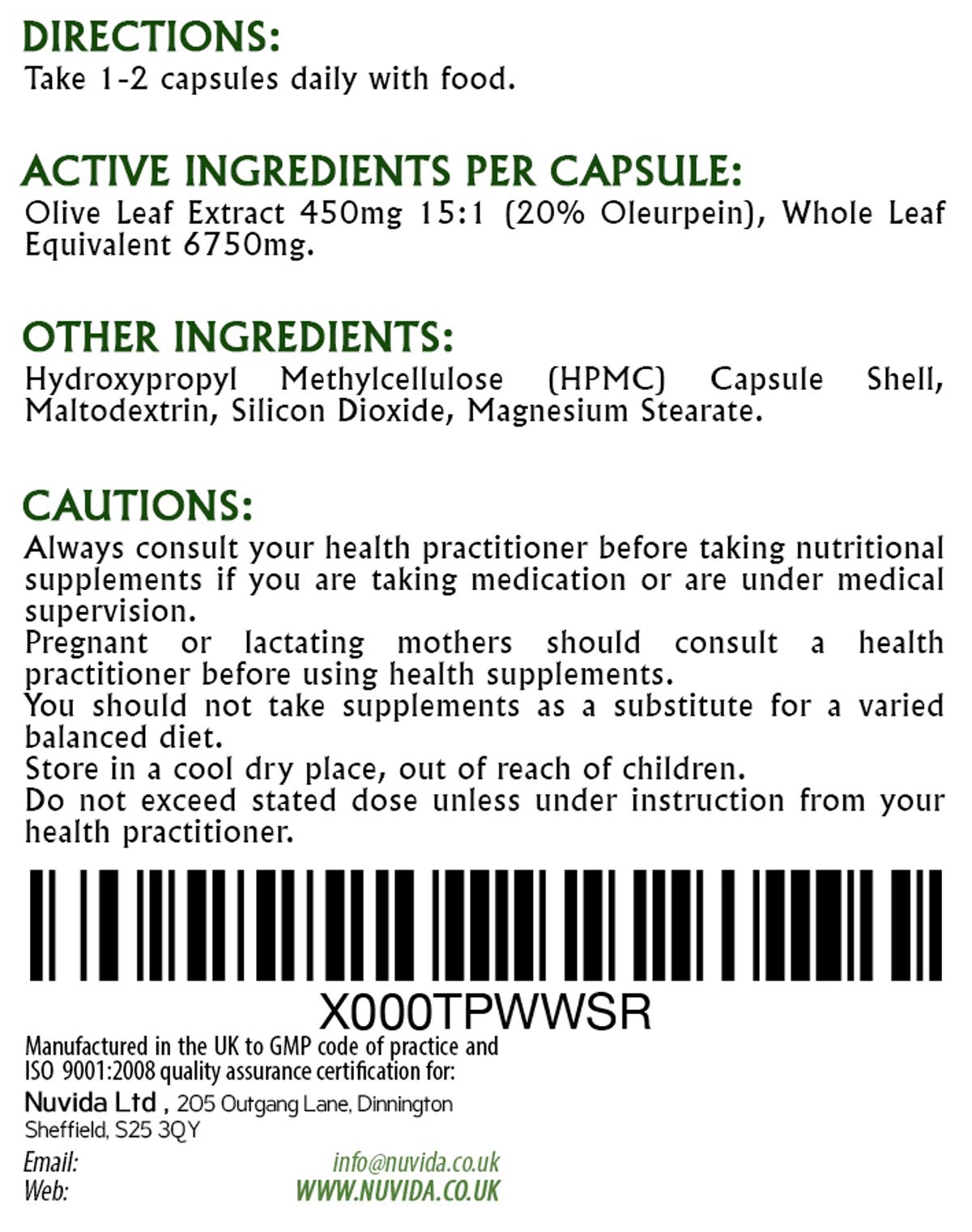 NUVIDA NATURAL HEALTH Olive Leaf Extract Capsules with 20% Oleuropein / 60 Olive Leaf Capsules / 450mg / (6750mg Whole Leaf Equivalent) / Vegan and Vegetarian Friendly