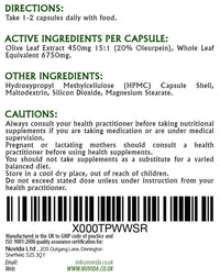 NUVIDA NATURAL HEALTH Olive Leaf Extract Capsules with 20% Oleuropein / 60 Olive Leaf Capsules / 450mg / (6750mg Whole Leaf Equivalent) / Vegan and Vegetarian Friendly