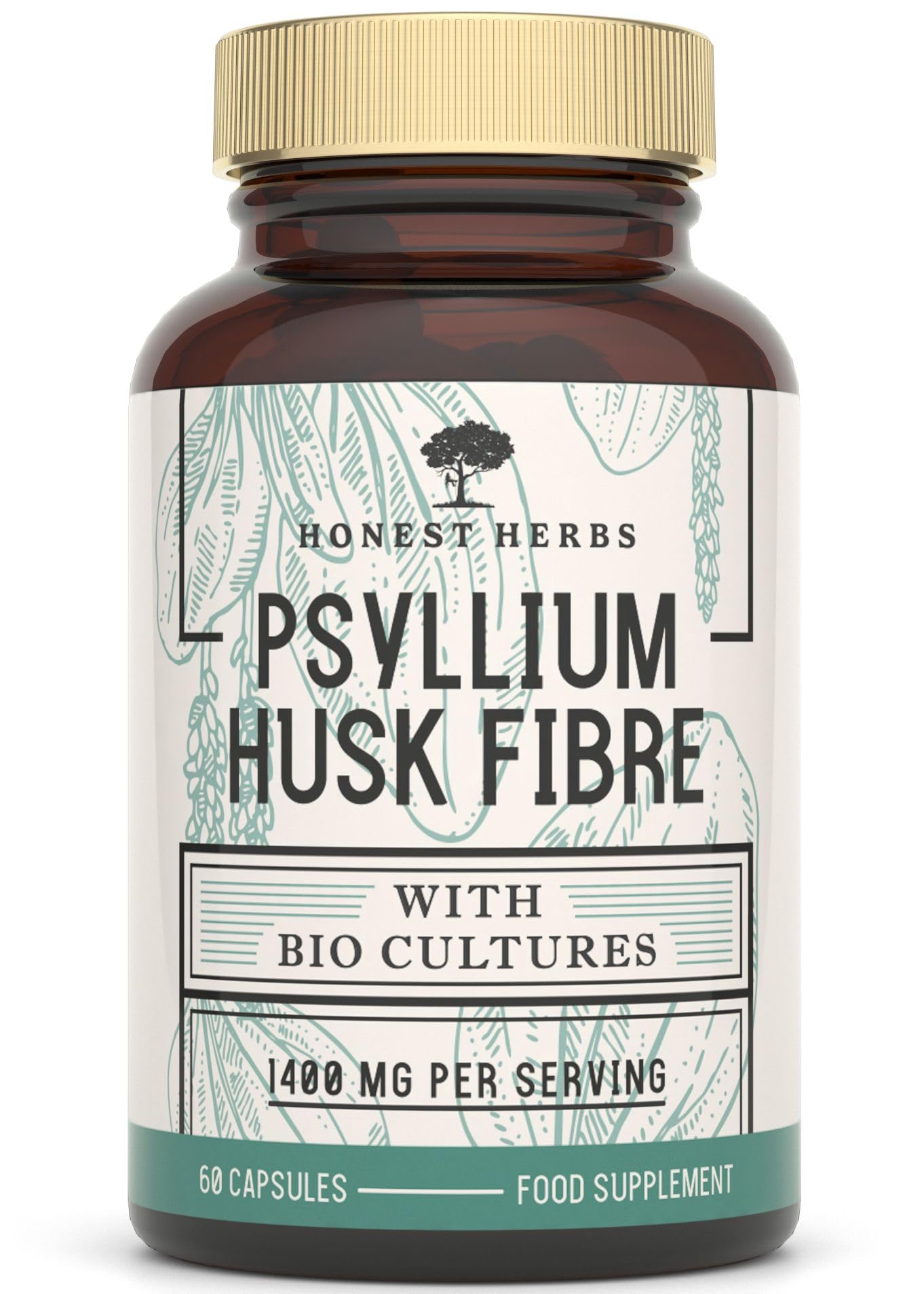 Honest Herbs Psyllium Husk Capsules with Probiotics - Fibre Supplement Complex 1400mg - 60 Capsules - 6 Billion Probiotics 5 Strains