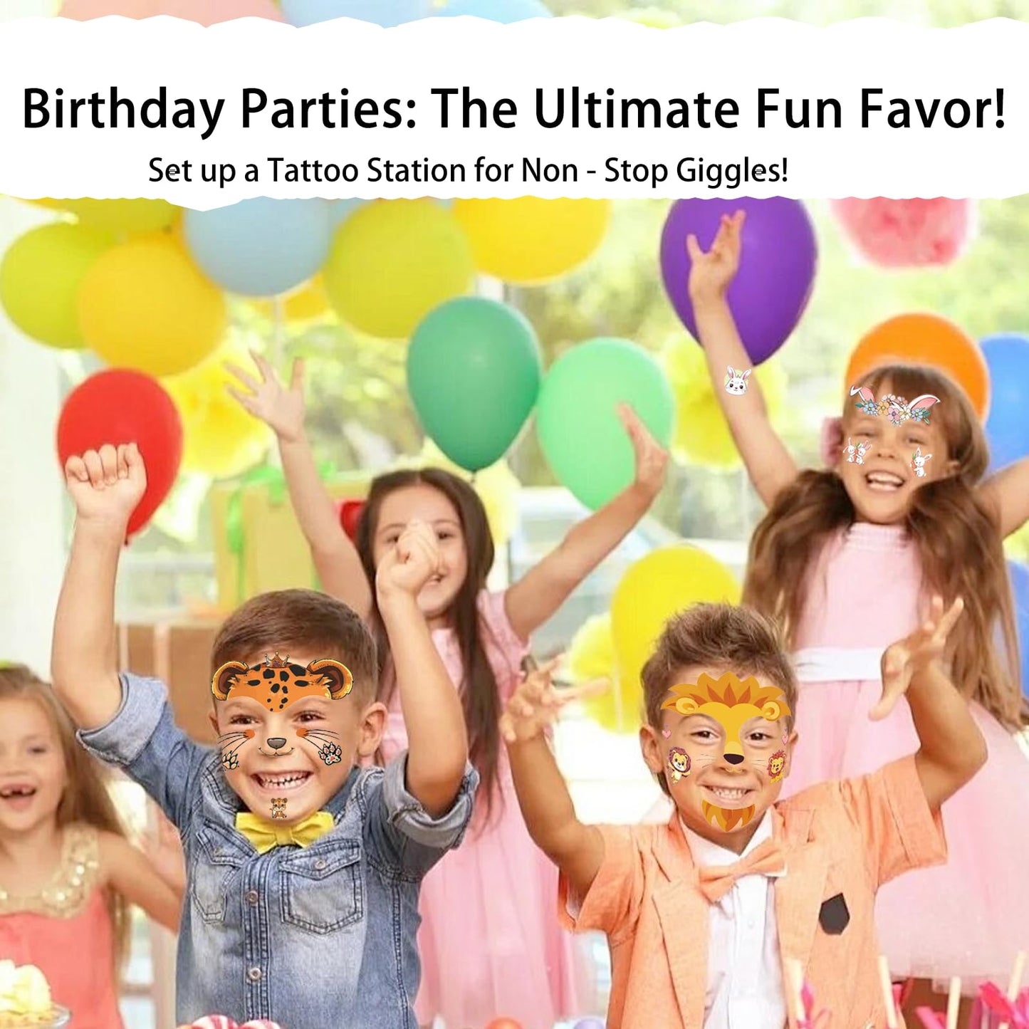 AmiCera Kids Tattoos, 10 Sheets Glitter Face Tattoos for Kids, Temporary Fake Tattoo for Party Festival Birthday, Quick Face Painting Makeup, Water Transfer, Safe & Long Lasting, Cute Animal Stickers