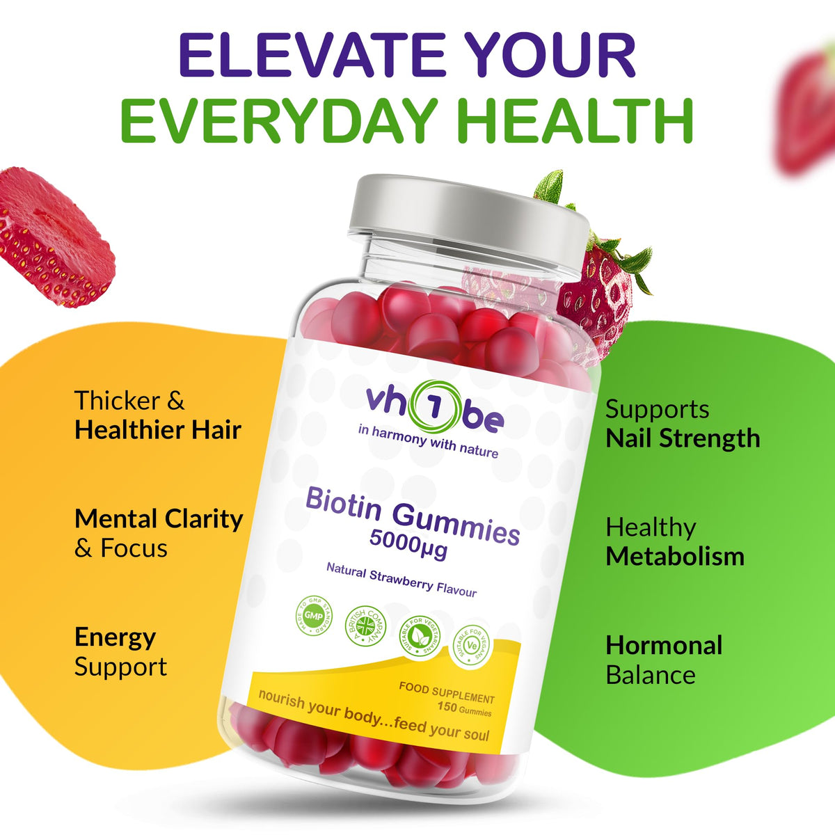 Biotin Gummies 10000mcg Per Serving – 150 High Strength Vitamin B7 for Hair Growth, Skin & Energy Support | Natural Strawberry Flavour Biotin Supplement | Vegan Hair Gummies by vh1be