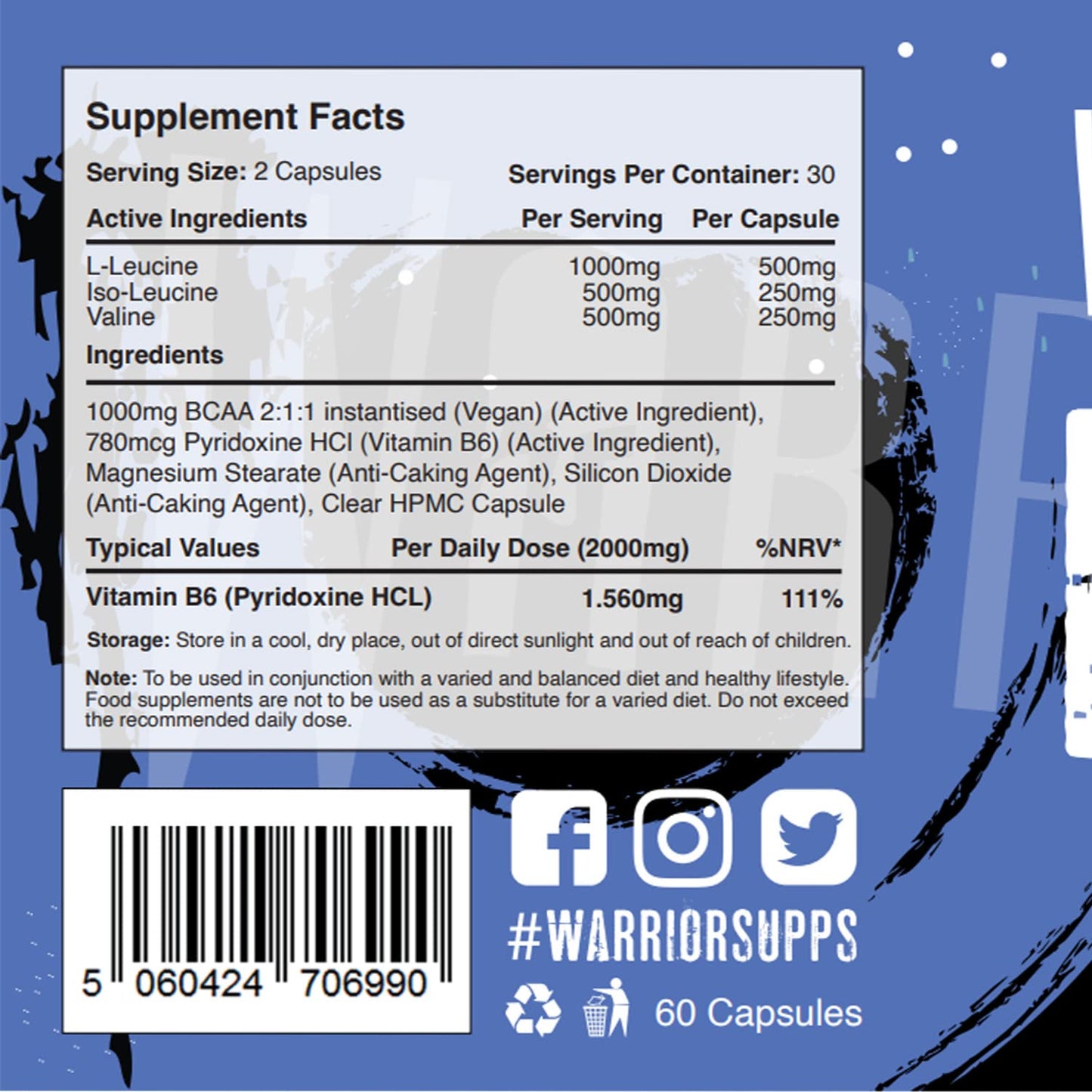 Warrior BCAA Capsules - 60 Caps - 1000mg - 2:1:1 Ratio; Pharmaceutical Grade Leucine, Isoleucine and Valine - Branched Chain Amino Acid