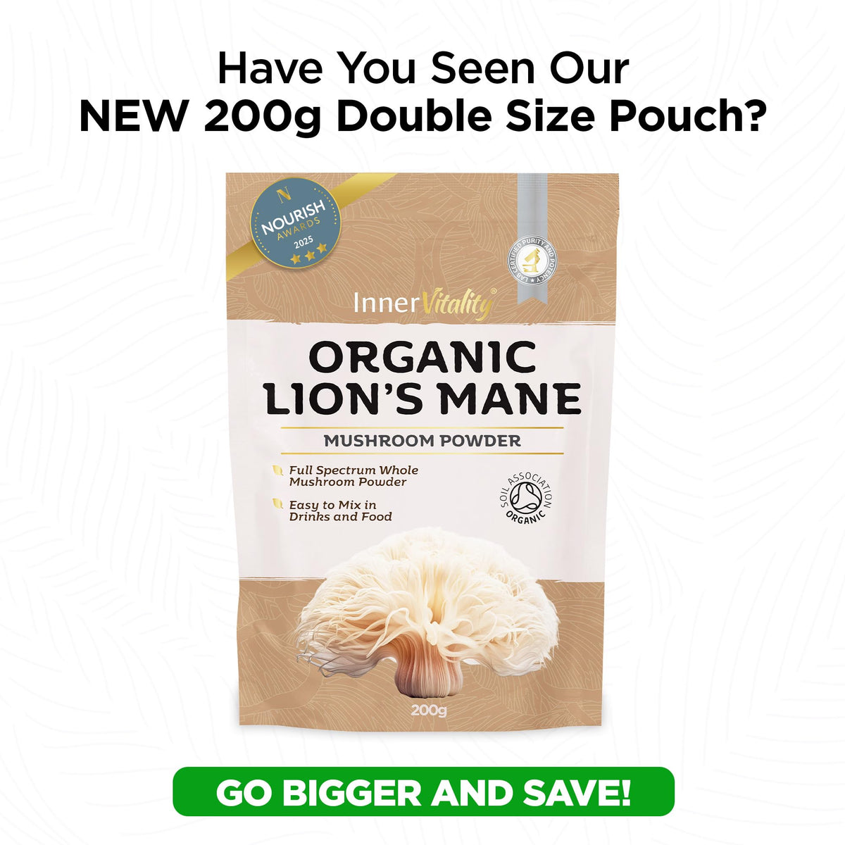 Organic Lions Mane Mushroom Powder, Brain Support & Focus High Strength Full-Spectrum Supplement for Mental Performance - 100g by Inner Vitality