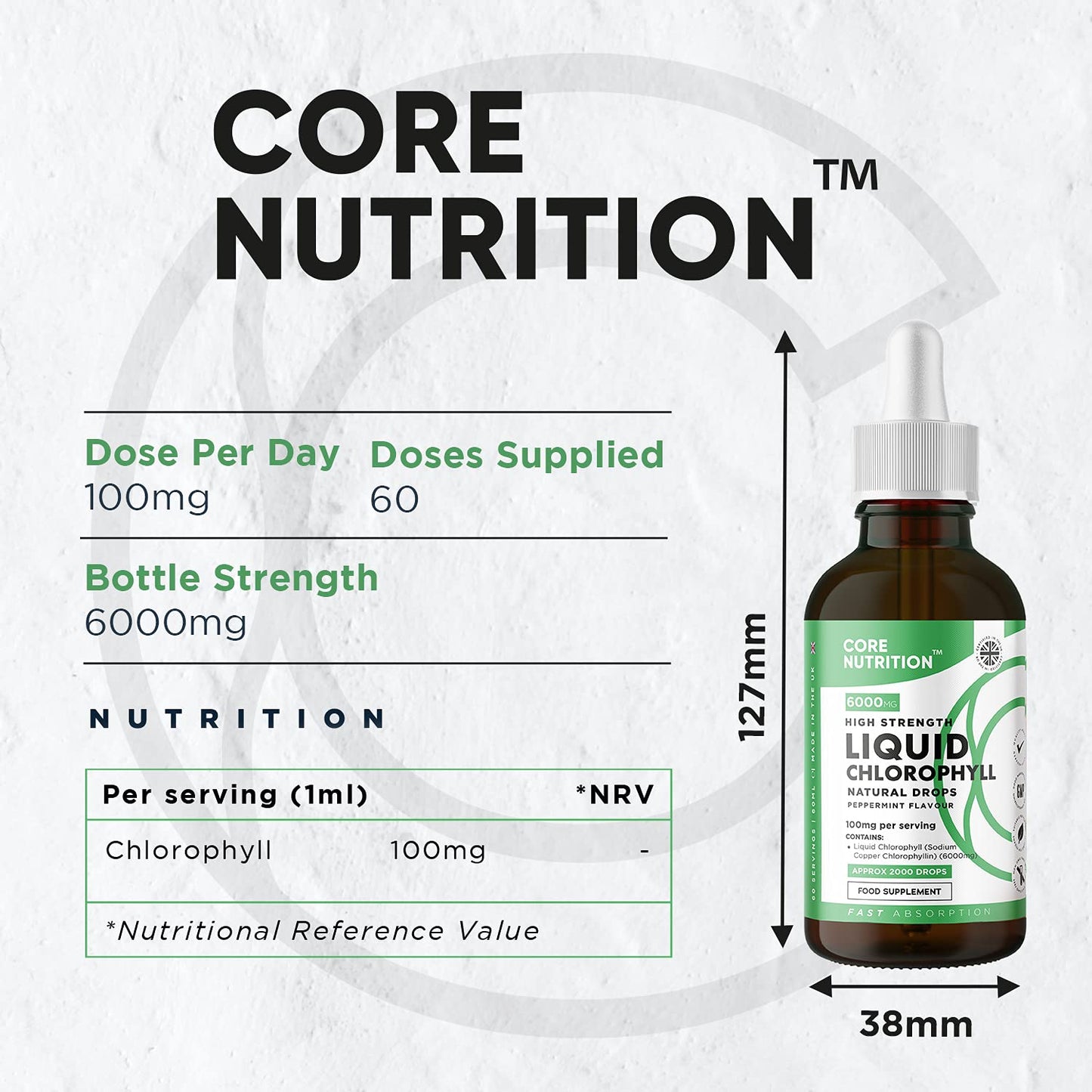 Liquid Chlorophyll Drops for Water - High Strength of 12,000mg per 2X 60ml Bottle at 4X Concentration - 4 Month Supply of Chlorophyll Liquid Drink - Made in UK by Core Nutrition (2X Pack)