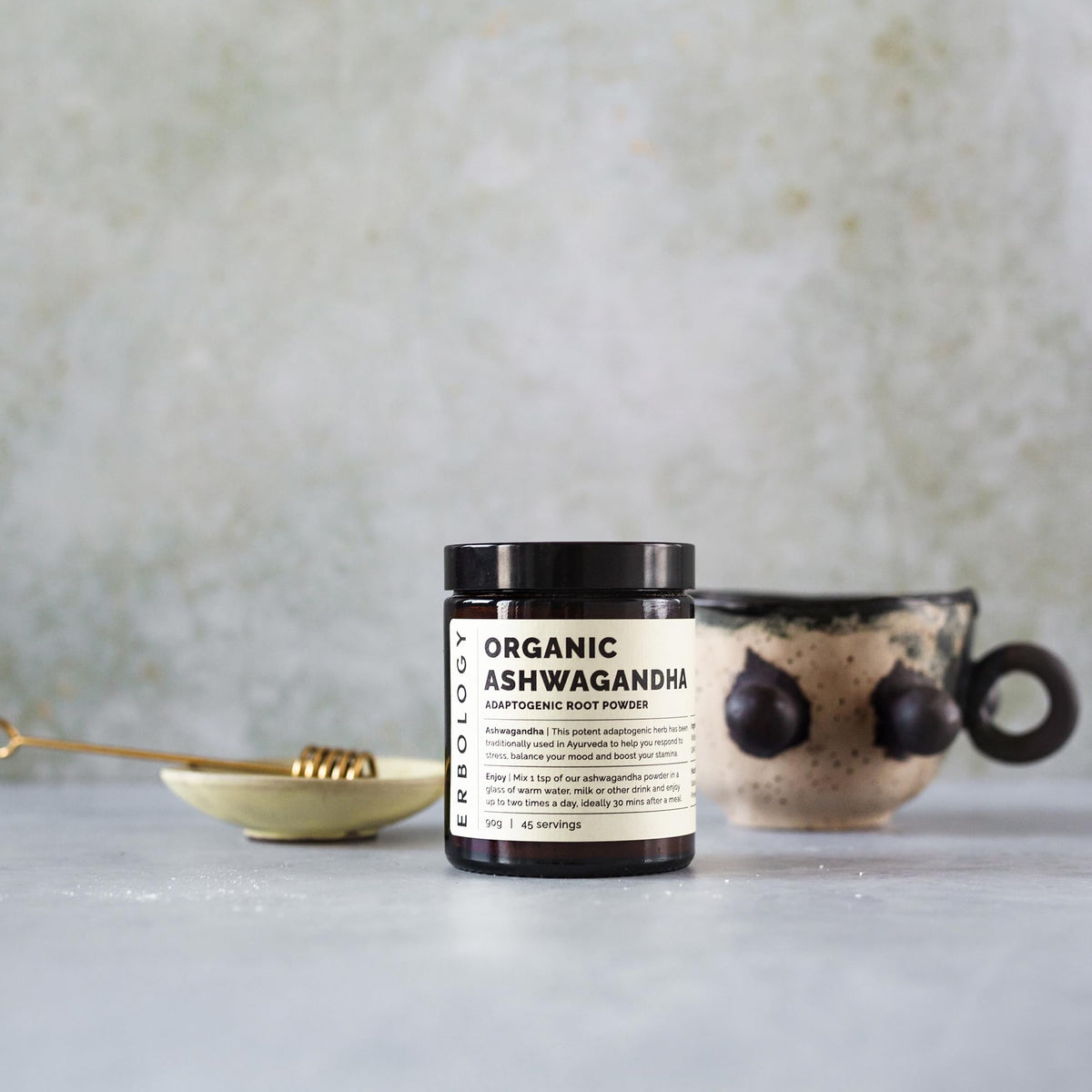 Erbology Organic Ashwagandha Powder 90g - 45 Servings - Sleep Aid - Rich in Withanolides - Sustainably Sourced Straight from Farm in India - Small Batch - Vegan - GMO-Free - Recyclable Glass Jar