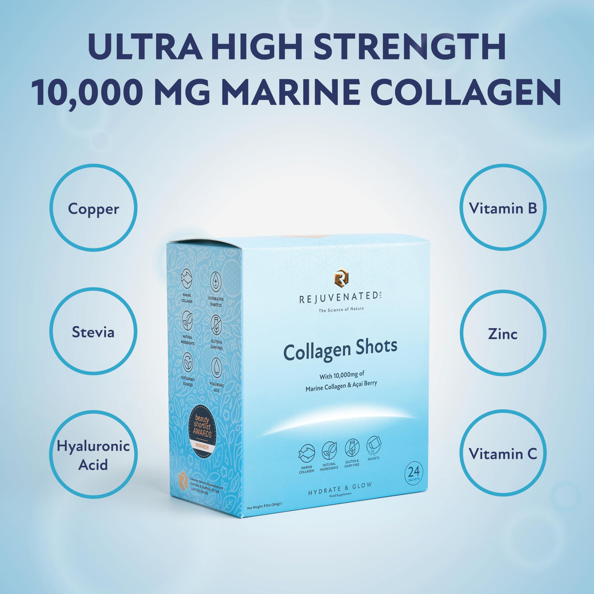 Rejuvenated Limited Rejuvenated Collagen Shots - Hydrolysed 10,000 mg Marine Collagen Drink with Antioxidants, Vitamins & Hyaluronic Acid (24 Sachets)