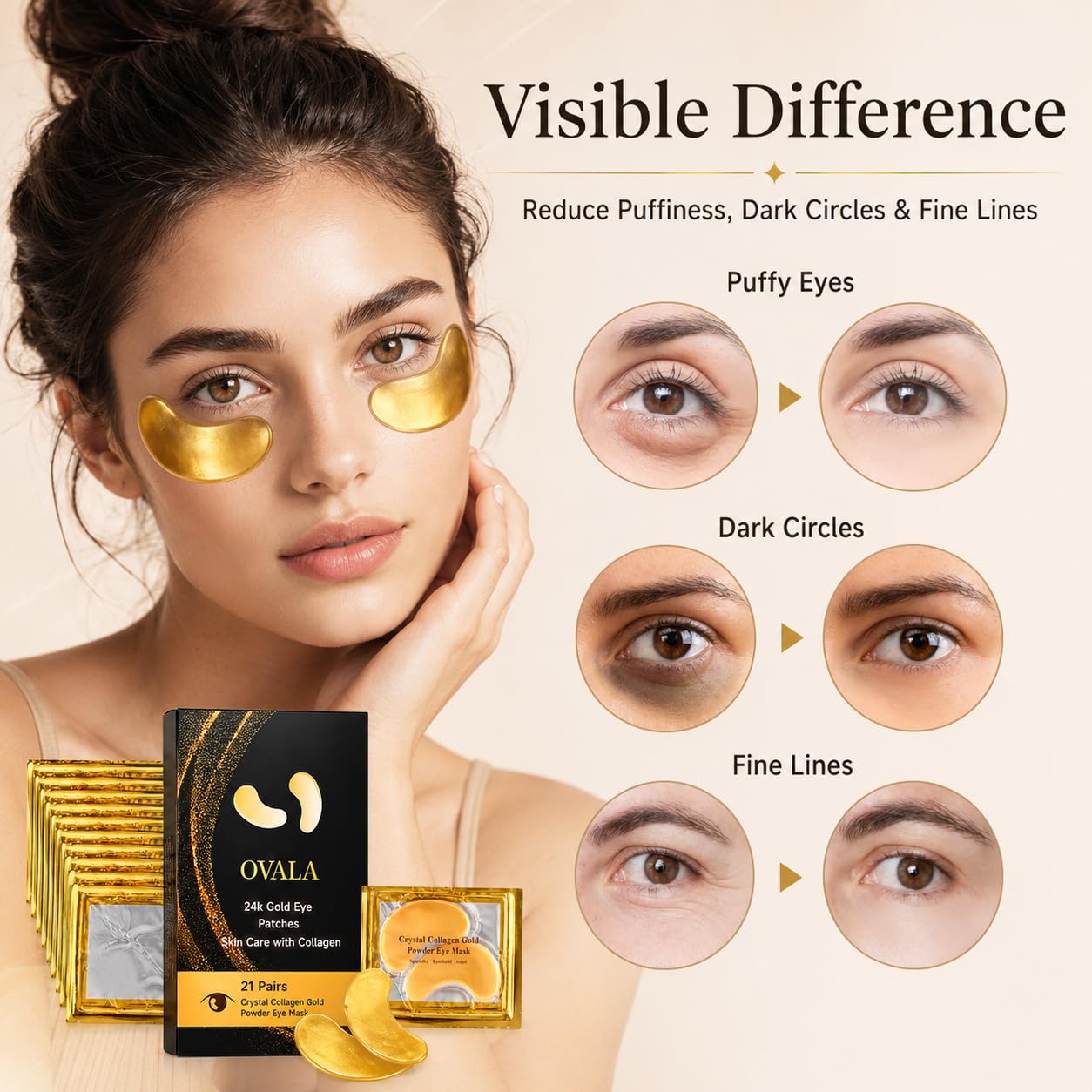 OVALA 21 Pairs Gold Eye Mask Collagen Eye Gel Pads Under Eye Mask for Puffiness and Dark Circle Under Eye Patches for Women and Men, 24k Gold (21 Pairs Boxed)