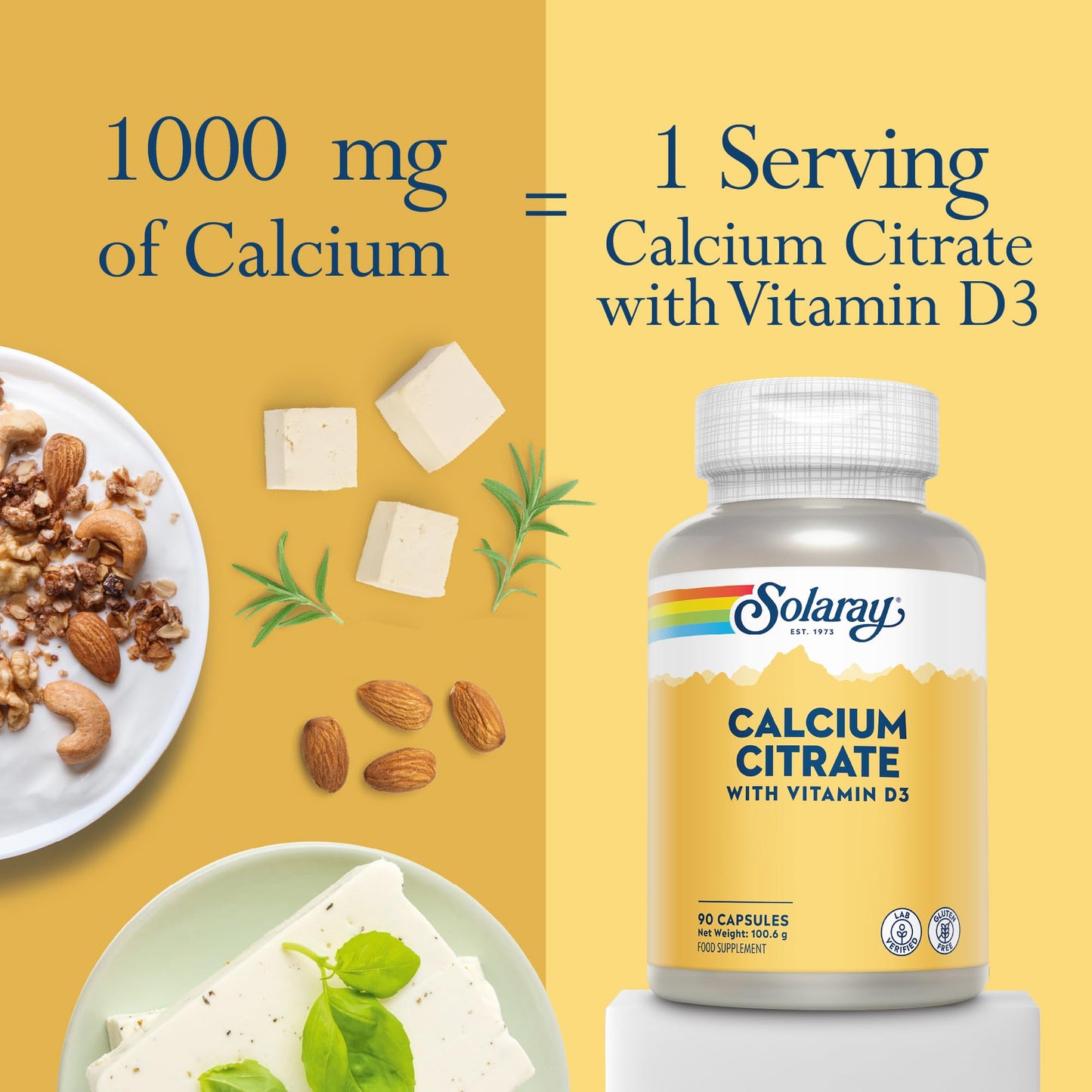 SOLARAY Calcium with Vitamin D3-90 Capsules - Vitamin D 400IU and Calcium Citrate 1000mg Supplement - Gentle Formula for Enhanced Absorption - Lab Verified - Solaray