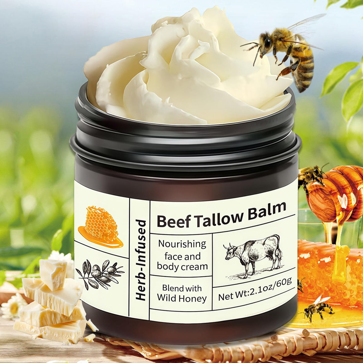Wormeer Grass-Fed Beef Tallow Honey Balm for Skin - Nourishing Face & Body Cream for Dry Skin - Moisturizing Skincare with Mild Ingredients (Color, A)