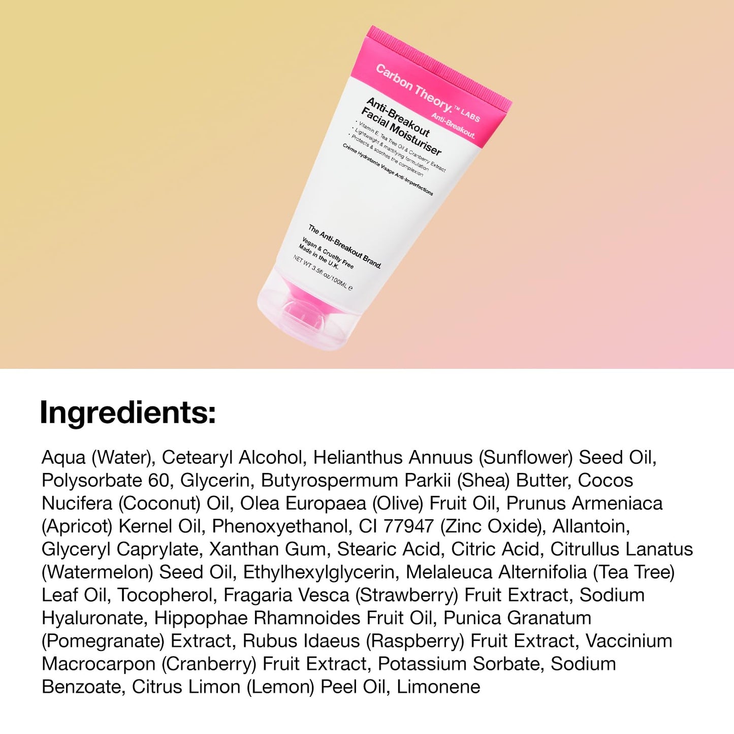 Carbon Theory Facial Moisturiser for Acne Prone Skin - Tea Tree Oil, Vitamin E, Shea Butter Moisturiser - Oily Skin Moisturiser - Vegan & Cruelty Free - 100ml