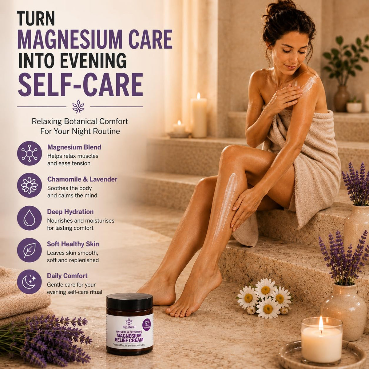 Benatural Essentials All Natural Magnesium Relief Cream 100g | Soothes Muscles & Improves Sleep | Made in the UK | pH Balanced