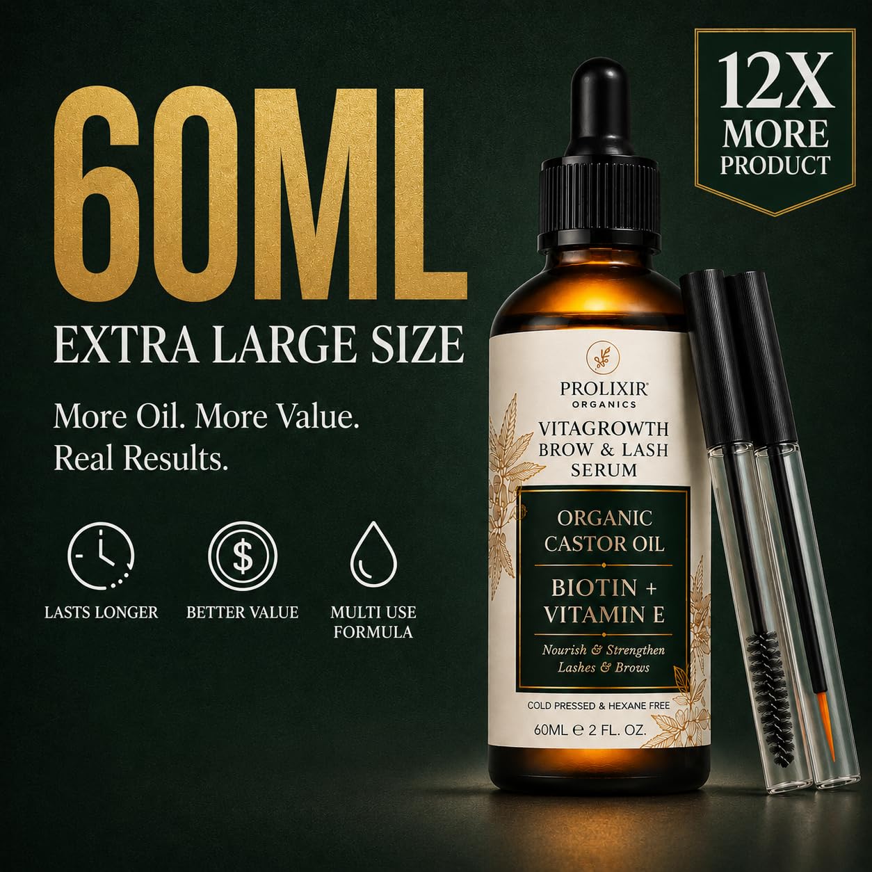 Prolixir Organic Castor Oil for lashes & Brows, Cold Pressed Lash & Brow Growth, Repair & Conditioning Oil with Vitamin E, Precision Applicators, For Fuller Looking Lashes, Brows, Hair & Nails, 60ml