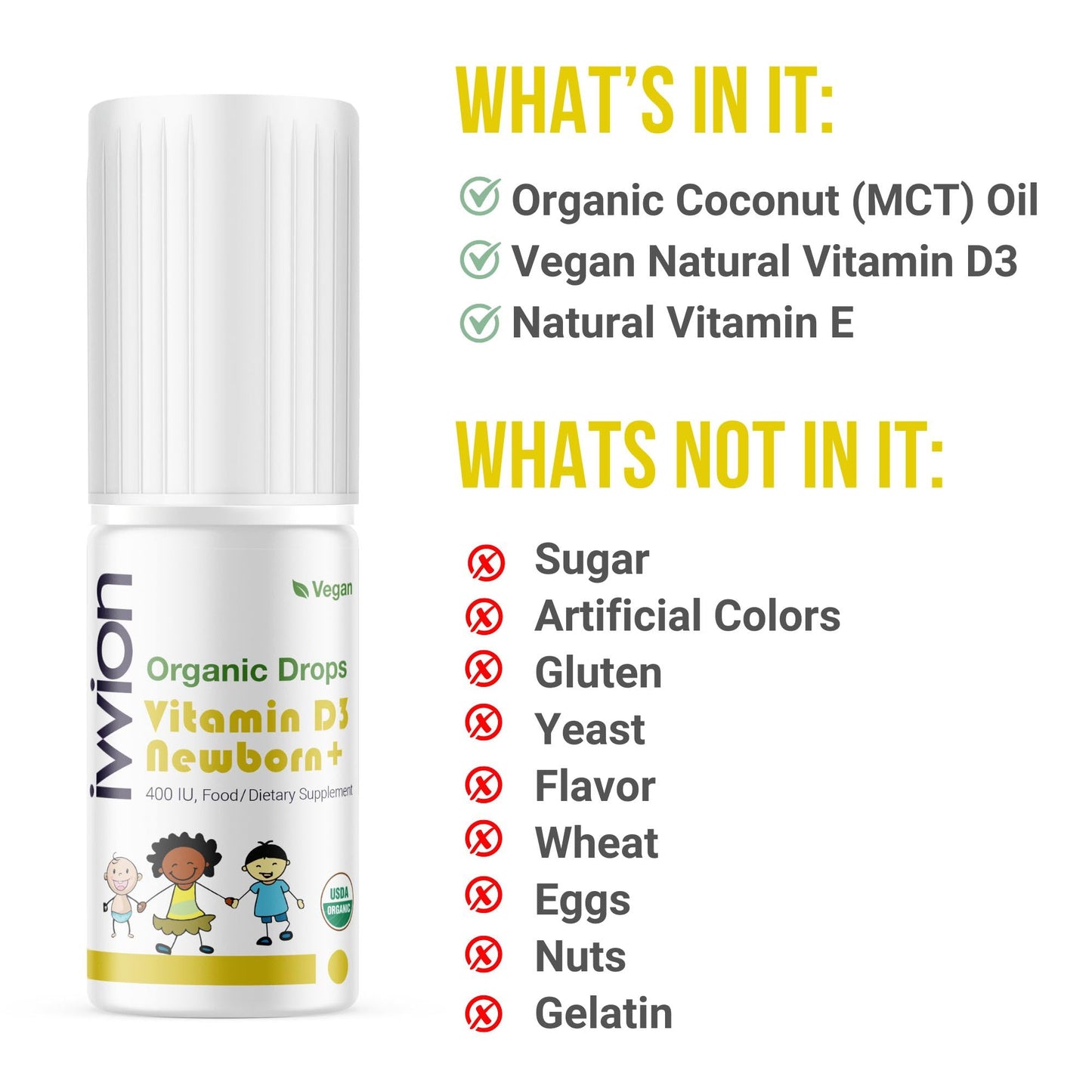 ivvion Ivvion Organic Vegan 400IU, Vitamin D3, 60 Drops – Baby Drop for Infants & Toddlers | USDA Organic, Non-GMO, Plant-Based, No Additives or Preservatives, All Natural, Made in UK – Pack of 2