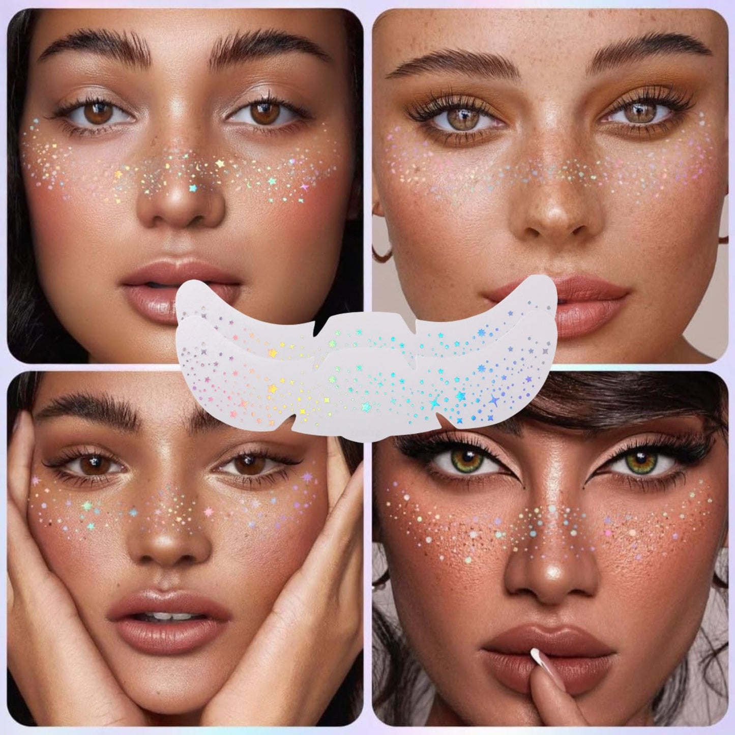 SHEBEEDO 12Pcs Glitter Freckles Face Tattoo,6 Styles Holographic Multichrome Glitter Freckle Face Tattoo,Waterproof Sparkle Temporary Tattoo Cute Star Patches for Festival Rave Makeup Accessories