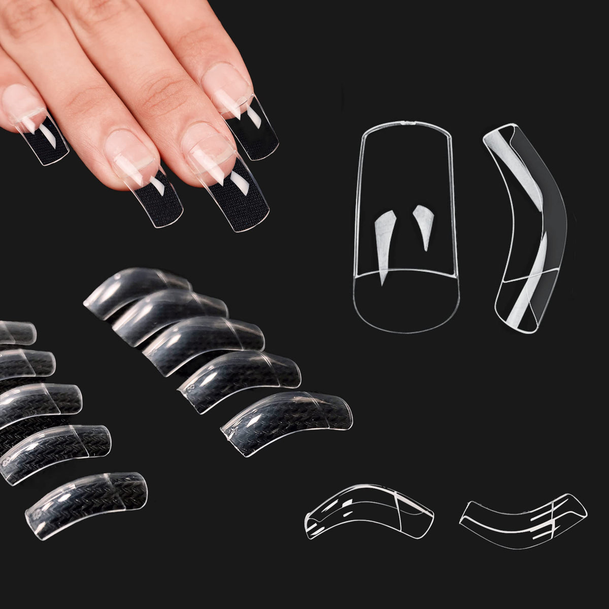 NOVO OVO 120 pcs Hawk Curved Eagle Claw Extra Super Extreme Deep Curve Half Cover Short Square Tapered Transparent Clear Cystal False Nail Extension Tips Acrylic Nail 10 Sizes Box Packaging
