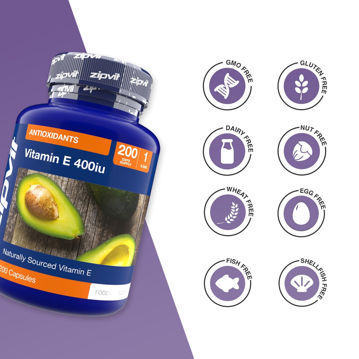 Zipvit Vitamin E Capsules 400IU, Natural D-Alpha Tocopherol, Supports Cell Protection from Oxidative Stress, 200 Capsules, Vitamin E Supplement