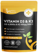 Multivita Vitamin D3 4000iu & Vitamin K2 100mcg (MK7) | 120 High Strength Vegetarian Tablets 4-Month Supply | Vitamin D K2 Supplement 1-A-Day Easy to Swallow D3 K2 (not Capsules) | Non-GMO | Made in The UK