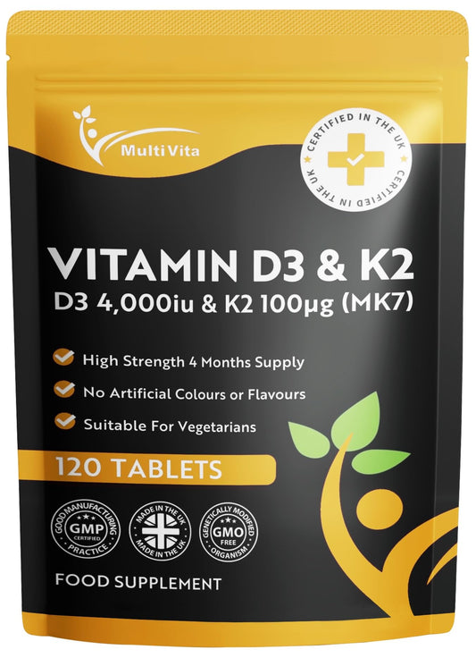 Multivita Vitamin D3 4000iu & Vitamin K2 100mcg (MK7) | 120 High Strength Vegetarian Tablets 4-Month Supply | Vitamin D K2 Supplement 1-A-Day Easy to Swallow D3 K2 (not Capsules) | Non-GMO | Made in The UK