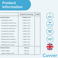 Cuvver Probiotics & Organic Prebiotics Complex - 30 Billion CFU, 1 Month Supply, 10 Live Bacterial Cultures, Gut Health Supplement - Bloating & Digestion - Made in UK, 30 Vegan Capsules