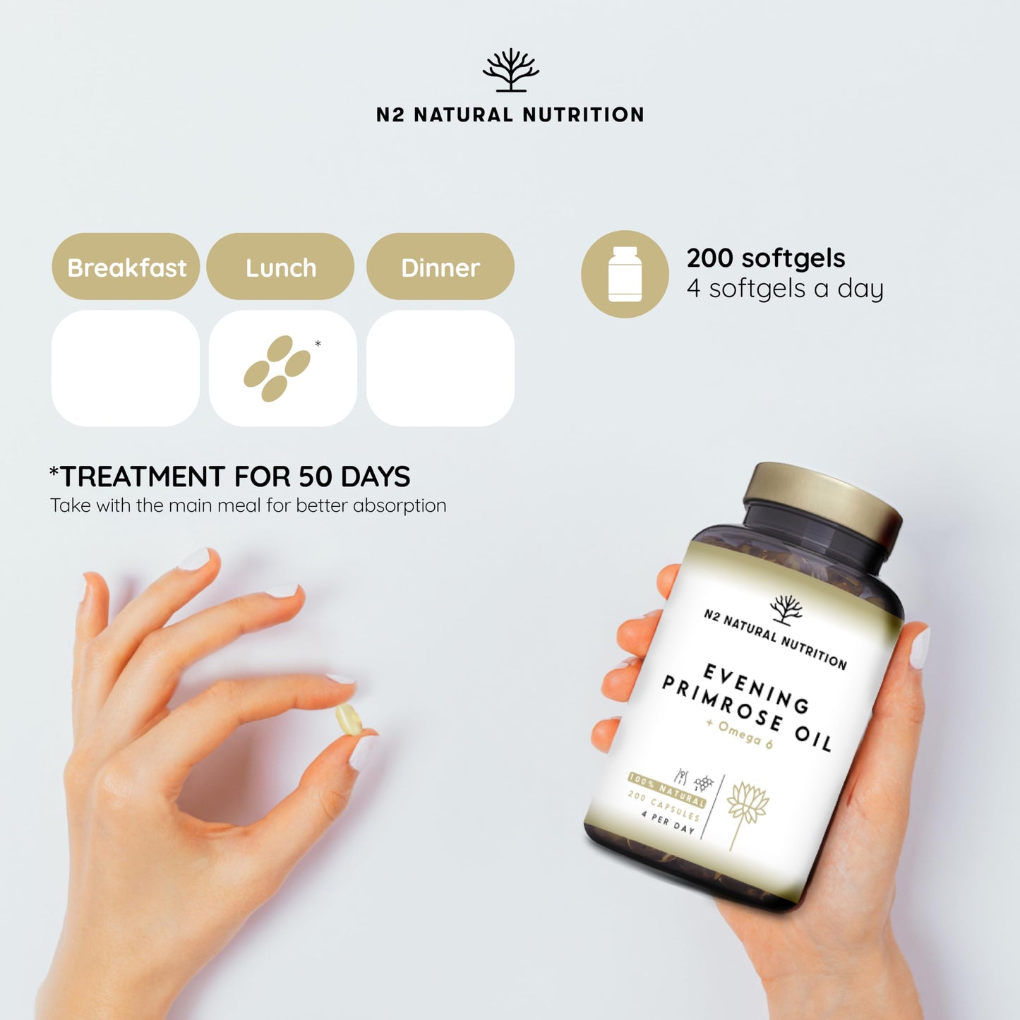 Evening Primrose Oil 2000 mg per dose, GLA Omega 6 200mg + Vitamin E. 200 High Strength Softgels, Easy Swallow, Cold Pressed. Menopause, Skin and Nails Care. Made in EU. N2 Natural Nutrition.