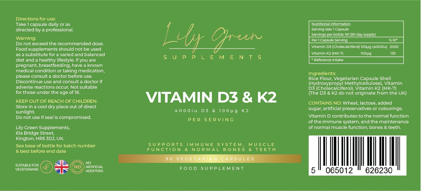 Lily Green Supplements Lily Green | Vitamin D3 4000iu & Vitamin K2 100μg (MK-7) | 90 Vegetarian Capsules - 3 Months Supply | Immune Support, Muscle Function, Bones & Teeth | No Artificial Additives | Made in UK
