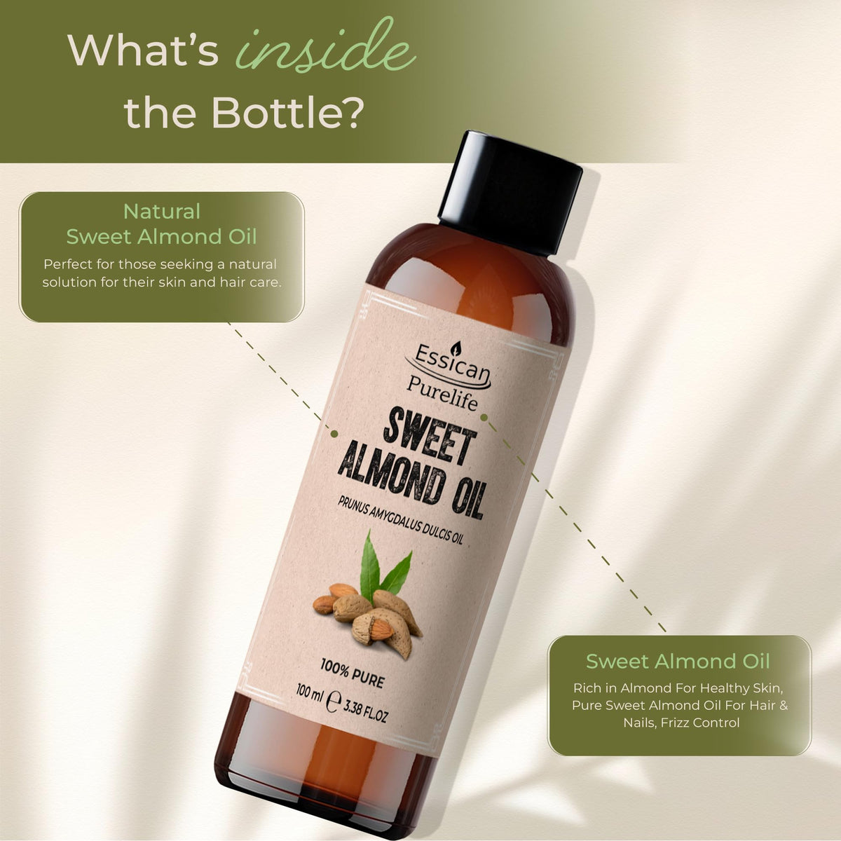 Essican Purelife, Pure Sweet Almond Oil for Hair, 100ml Cold Pressed Almond Oils for Massage, Carrier Oil for Essential Oils Mixing Ideal for Massage, Moisturising Face, Skin, Ear, Body, Cruelty-Free