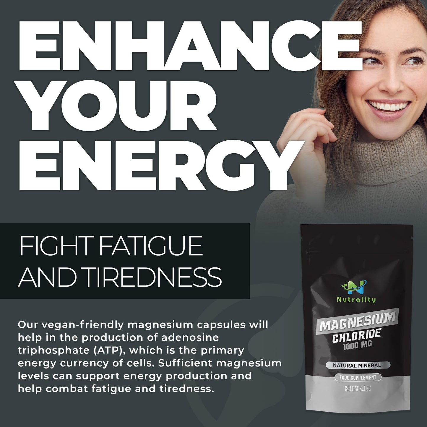 Nutrality Magnesium Chloride Supplement 1000mg | for Men & Women | for Sleep,Constipation, Digestion, Bone Health & Relaxation | Vegan | 180 Capsules