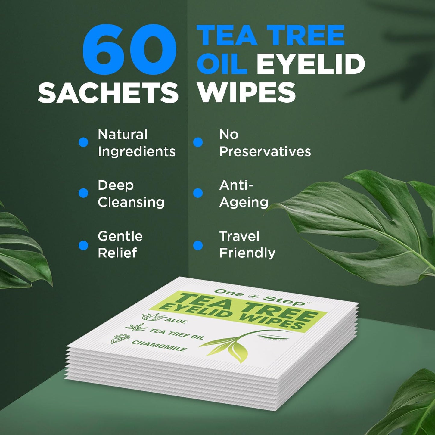 One Step Tea Tree Oil Eyelid Wipes, 60 Sachets, Natural, Aloe, Chamomile Daily Cleanser, Soothe, Relieve for Dry, Irritated, Tired, Itchy Eyes