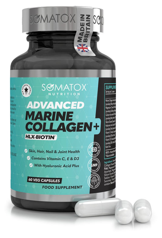Somatox New Advanced Marine Collagen Plus – with HLX-BIOTIN™ Complex - Hydrolysed Type 1 with Hyaluronic Acid Plus & Vitamins C, E & D3-30 Day Supply Veg Capsules – Made UK GMP Certified