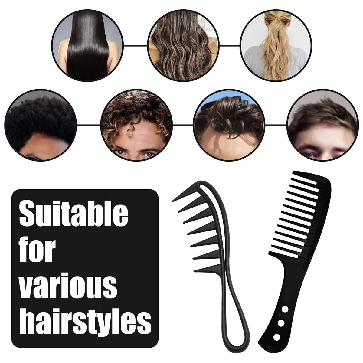 QINCAWIN 2 Pcs Wide Tooth Comb for Curls, Large Teeth Shark Hair Comb, Hair Comb Shark Teeth Hair Hairstyle Tool for Curly Wet Wavy Thick Hair Wigs Barber Salon Curl Comb Women Men(Black)