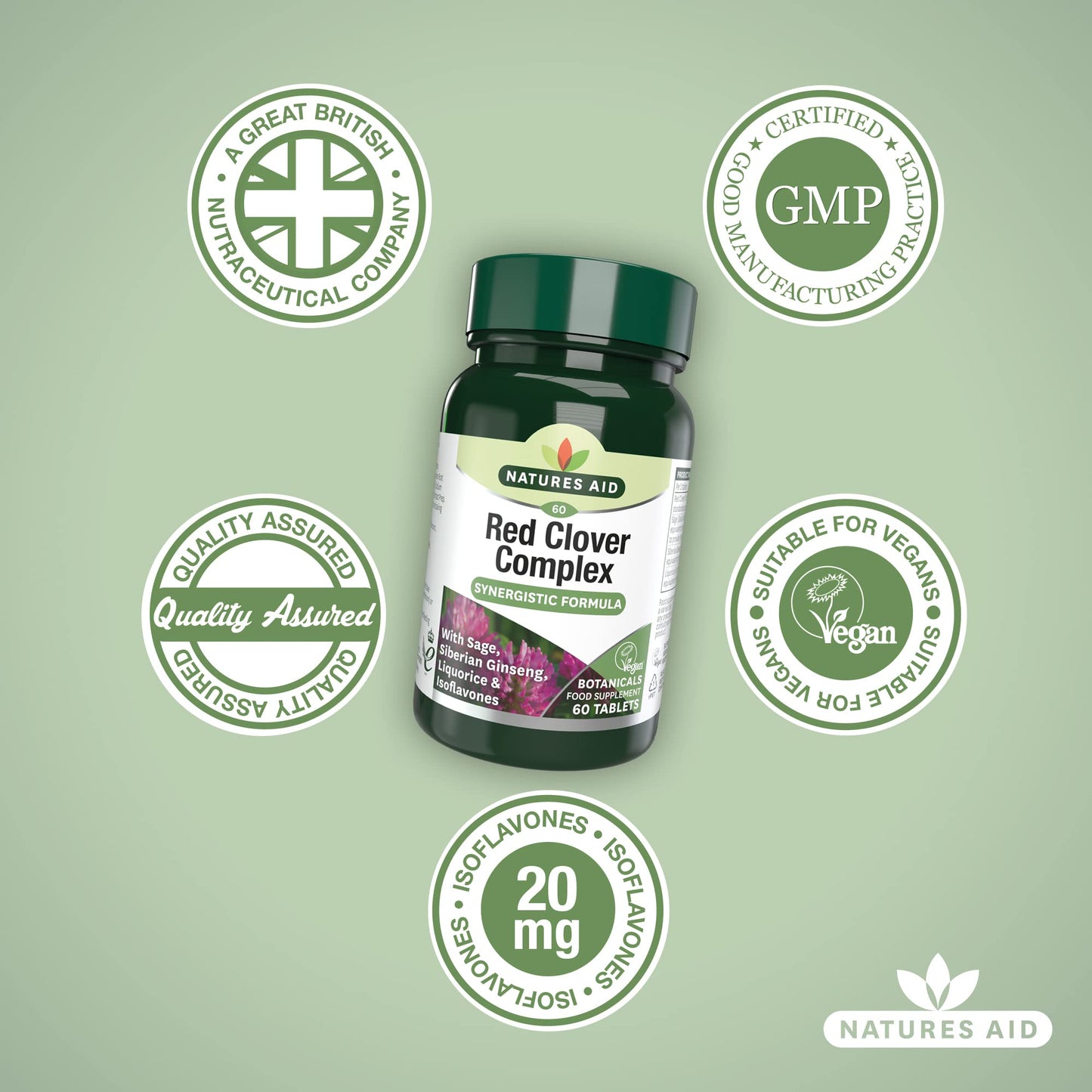 Natures Aid Red Clover Complex – with Isoflavones, Sage, Ginseng & Liquorice – Supports Women’s Health, Hormonal Balance & Menstrual Comfort – Vegan, Gluten-Free, Non-GMO Supplement - 60 Tablets