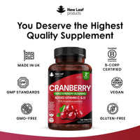 NEW LEAF PRODUCTS Cranberry Tablets Triple Strength 30,000mg - Added Vitamin C & D - 120 Cranberry Supplements Cranberry Supplements for Women and Men - Vegan Cranberry Tablets for Women Made in UK by New Leaf