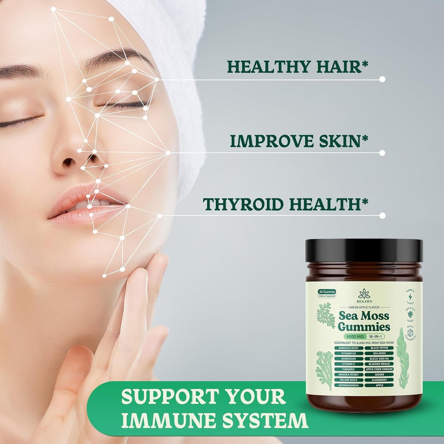 Resawn Sea Moss 16-in-1 Gummies - 6,000 mg Supplement, Green Apple Flavor, 30 Gummies