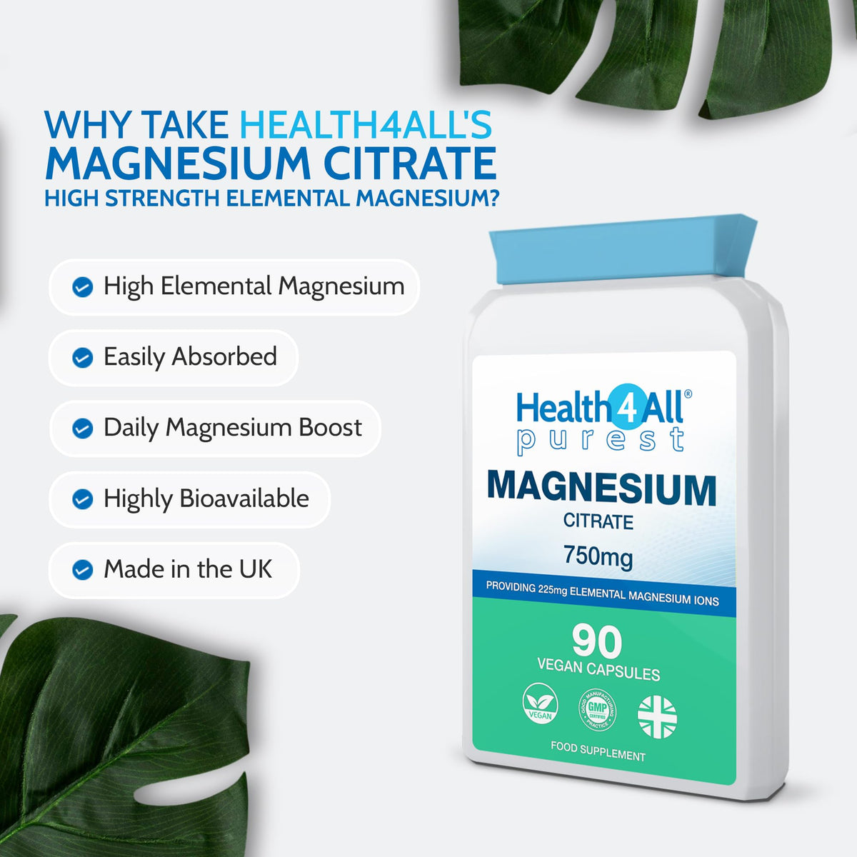Health4All Magnesium Citrate 750mg 90 Capsules, High Strength 225mg Elemental Mg