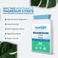 Health4All Magnesium Citrate 750mg 90 Capsules, High Strength 225mg Elemental Mg