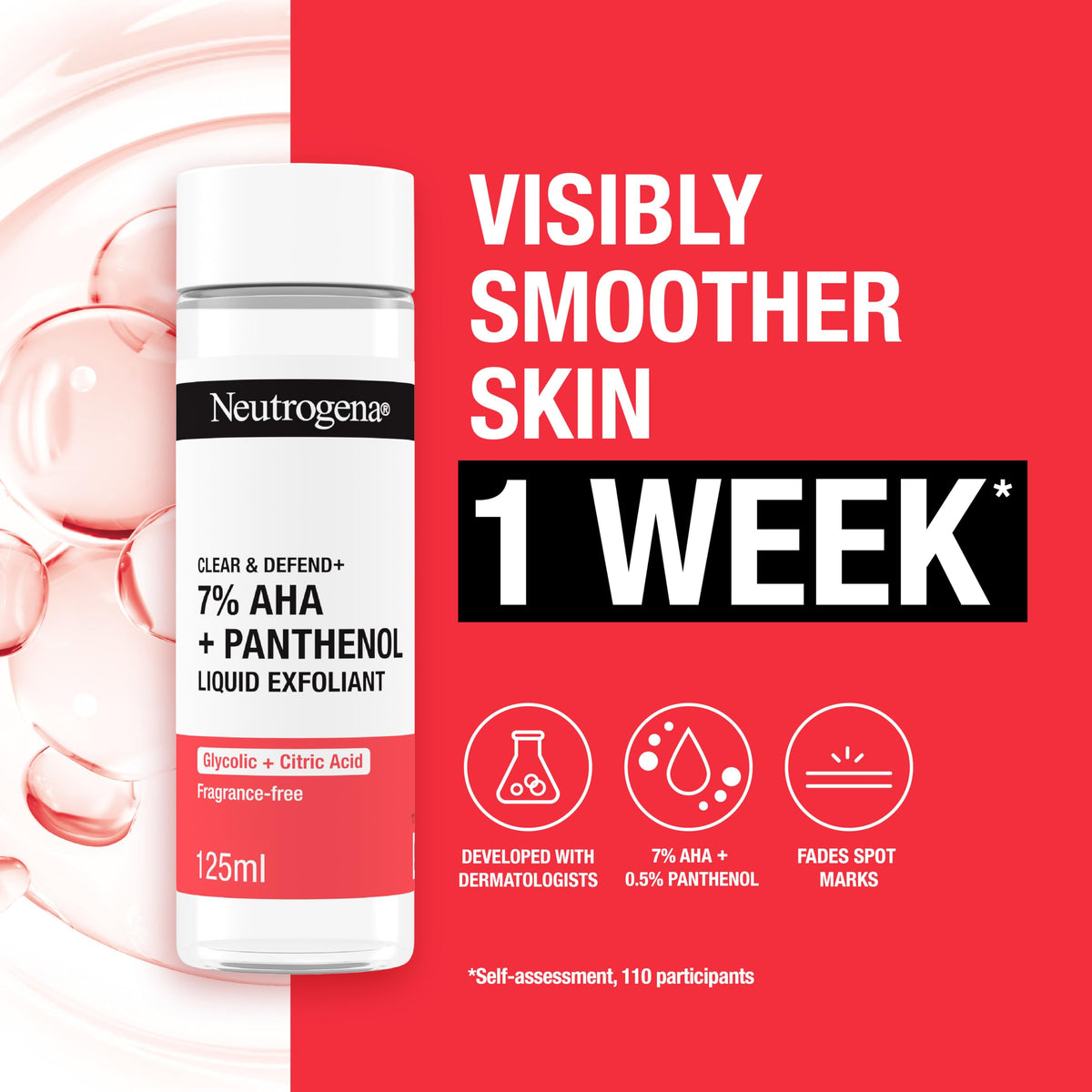 Neutrogena Clear & Defend + Liquid Exfoliant (1 x 125ml), with 7% AHA, 0.5% Panthenol, Glycolic and Citric Acid, Fragrance-Free Face Care, Exfoliates and Renews Skin, Suitable for Spot-Prone Skin
