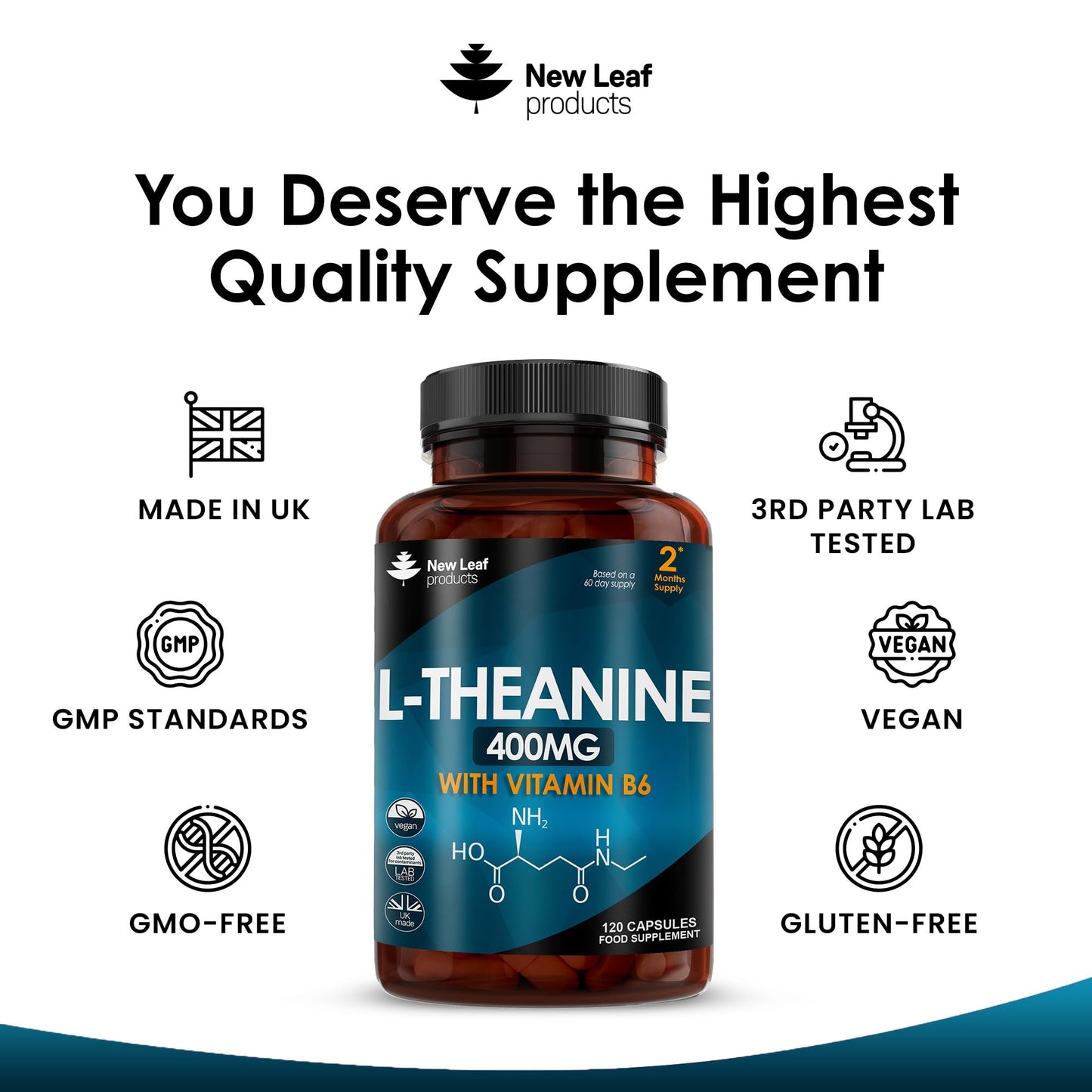 L Theanine Enriched with Vitamin B6 - High Strength L Theanine 400mg Natural Nootropics from Green Tea - 120 Vegan L-Theanine Capsules - Made in The UK Theanine Supplements by New Leaf