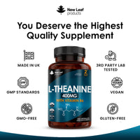 L Theanine Enriched with Vitamin B6 - High Strength L Theanine 400mg Natural Nootropics from Green Tea - 120 Vegan L-Theanine Capsules - Made in The UK Theanine Supplements by New Leaf