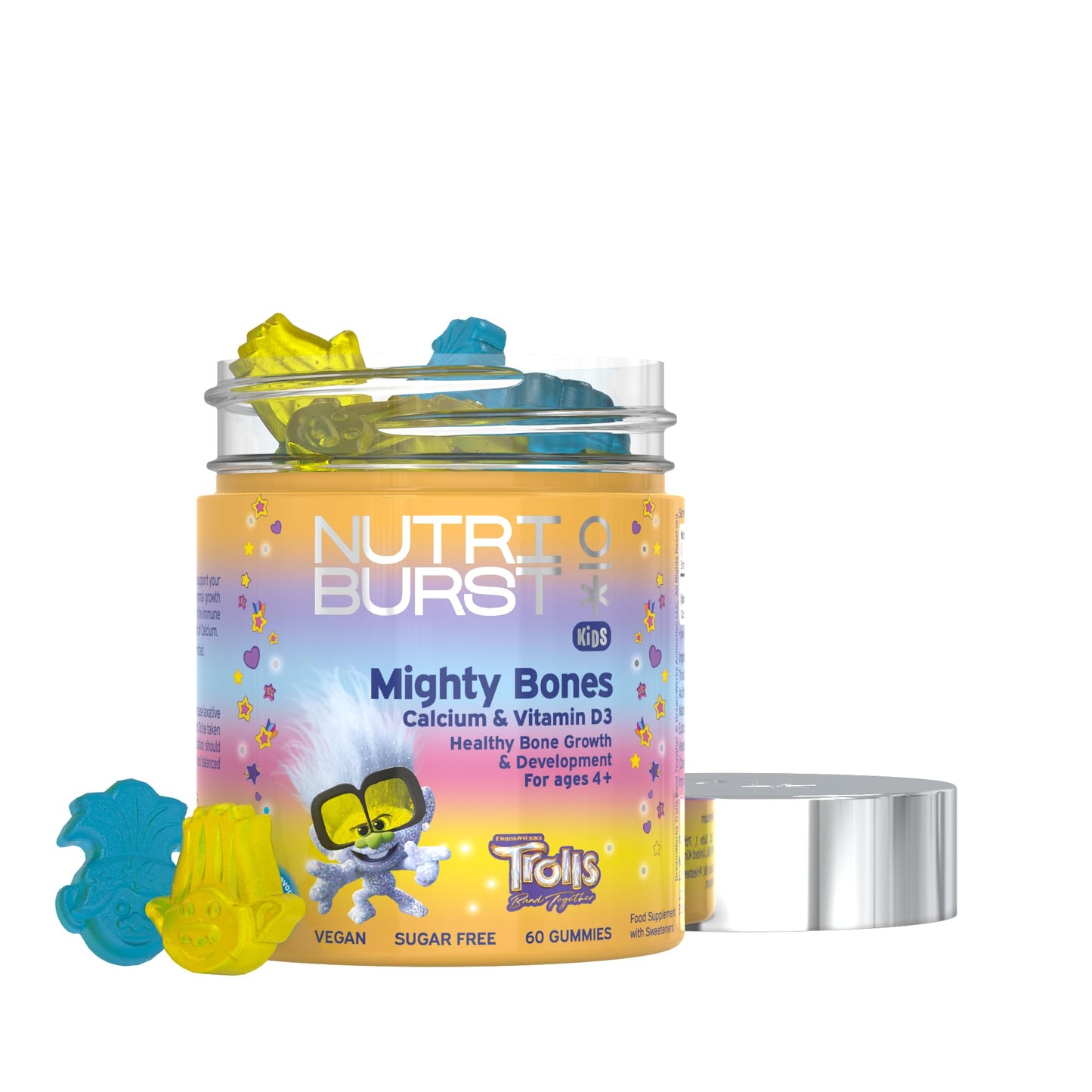 Nutriburst Trolls Kids Mighty Bones - Vitamin D3 + Calcium Chewable Vitamin - Healthy Bone Development - Vitamin D3 (25µg) + Calcium (240mg) - Vegan + Sugar Free - Strawberry Flavour - 60 Gummies
