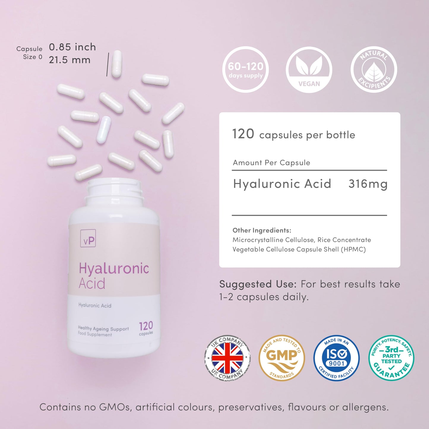 vP Vitality Pro Hyaluronic Acid 316mg x 120 Capsules - Third Party Tested Over 98.4% Purity - Vitality Pro High Molecular Weight Supplement
